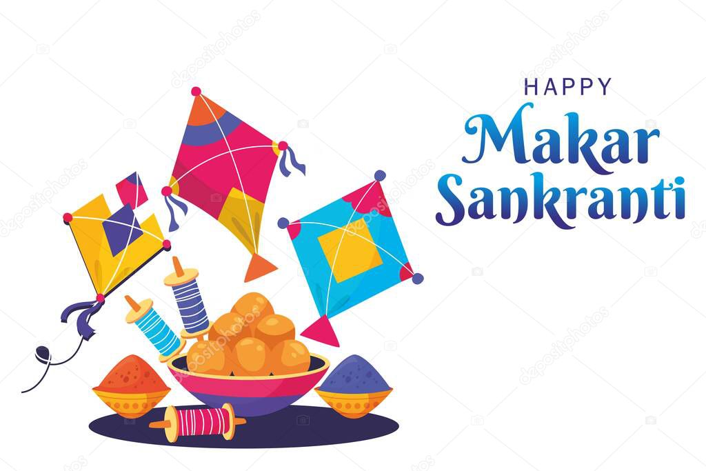 Happy Makar Sankranti banner design in English.
