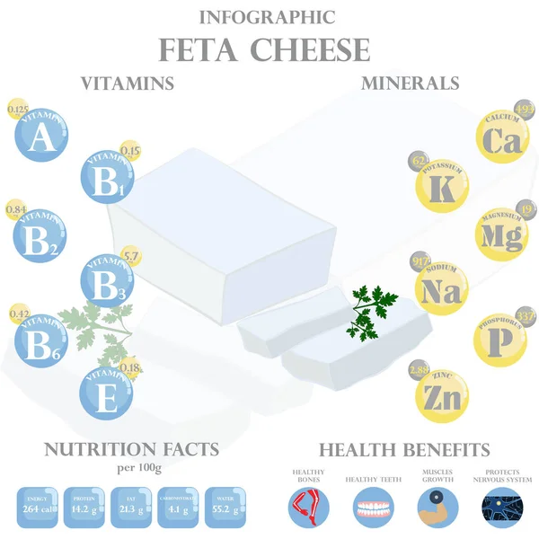 Feta奶酪营养事实和健康对白色背景的信息有好处 矢量说明 — 图库矢量图片
