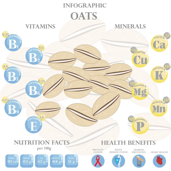 Owies Fakty Żywieniowe Korzyści Zdrowotne Infografika Białym Tle Ilustracja Wektora — Wektor stockowy