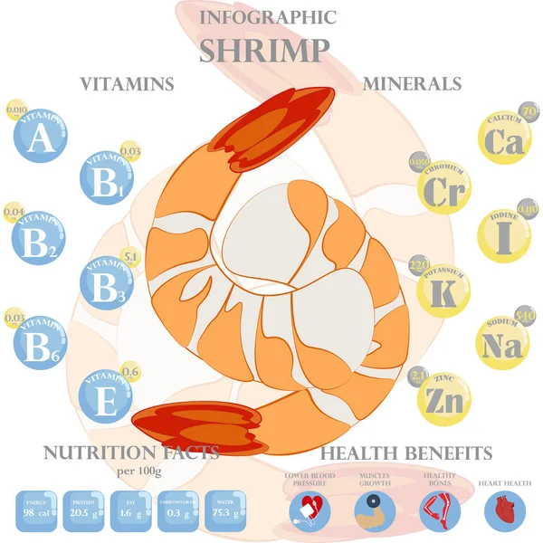 Garnélarák Táplálkozás Tények Egészségügyi Ellátások Infographic Fehér Háttér Vektorillusztráció — Stock Vector