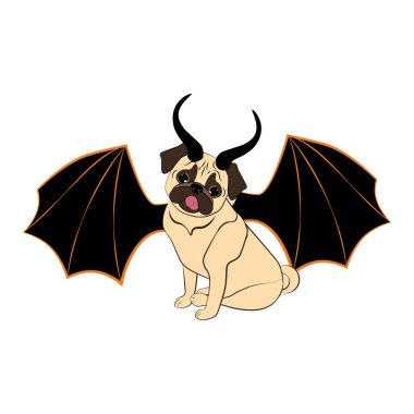 Beyaz arka planda kanatları ve boynuzları olan ürkütücü kostümlü Cadılar Bayramı Pug 'u.