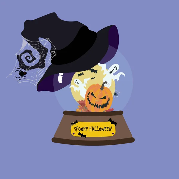 Calabaza Halloween Bola Nieve Con Sombrero Bruja Fondo Púrpura — Vector de stock