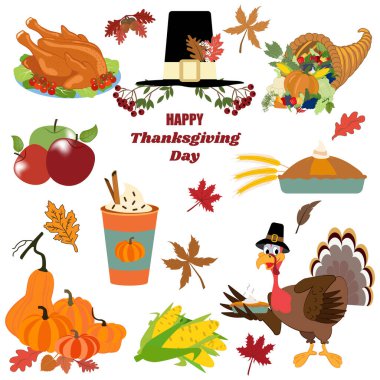 Şükran Günü görüntüsü beyaz arka planda vektör illüstrasyonunu ayarladı. Şükran Günün kutlu olsun.