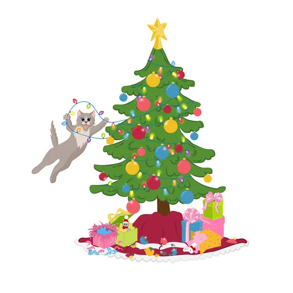 Kocour Visí Vánoční Stromeček Světla Kočka Hraje Vánoční Ozdobou Stromečku — Stockový vektor