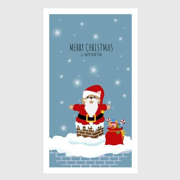 Weihnachtsgrußkarte Mit Katze Weihnachtsmannkostüm Steckt Kamin Fest Fröhliche Weihnachten — Stockvektor