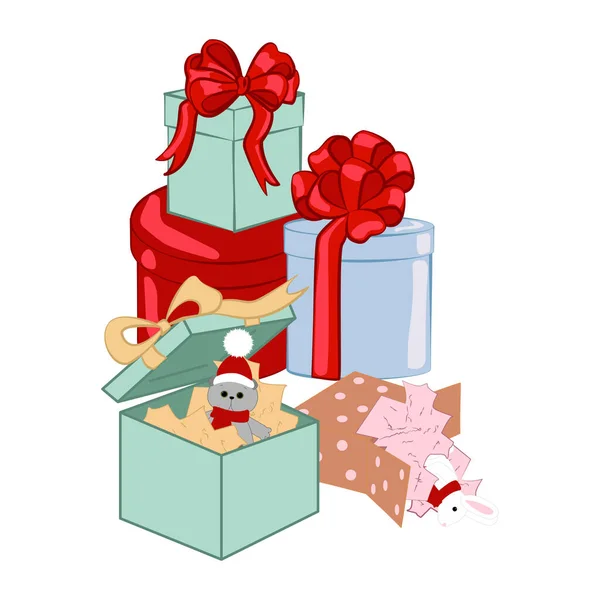 Noël Nouvel Boîtes Cadeaux Vacances Avec Emballage Lumineux Noeuds Ruban — Image vectorielle