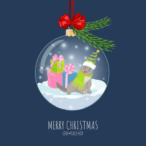 Weihnachtsbaum Glaskugelschmuck Mit Katze Frohe Weihnachten Und Einen Guten Rutsch — Stockvektor