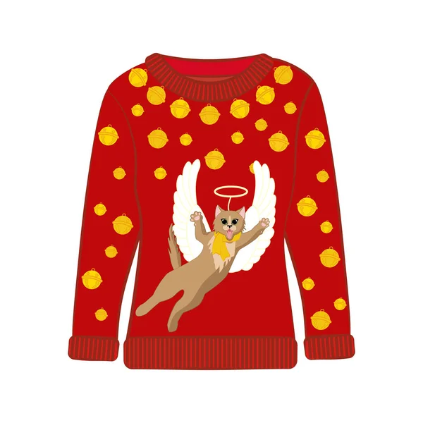 Suéter Fiesta Navidad Feo Con Estampado Gato Divertido Ropa Divertida — Vector de stock