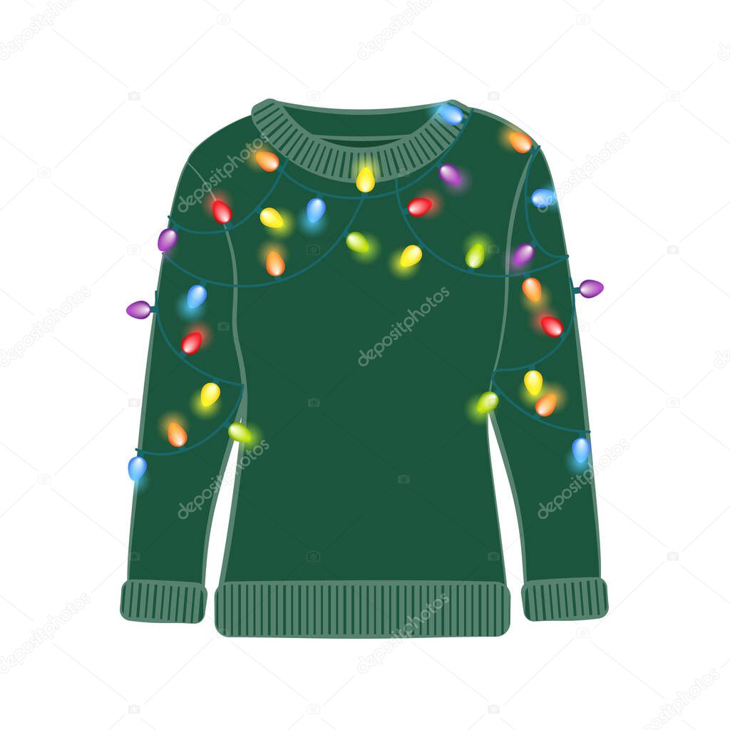 Ugly Christmas party sweater with light bulbs. Funny holiday clothes with ornaments. Ugly sweater christmas party