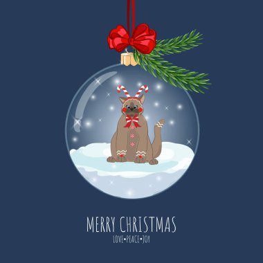 Noel ağacı, kedili cam top süsü. Mutlu Noeller ve mutlu yıllar tebrik kartı..