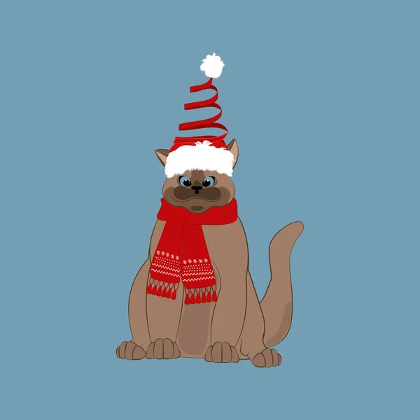 Katze Weihnachtsmütze Und Schal Frohe Weihnachten Und Einen Guten Rutsch — Stockvektor