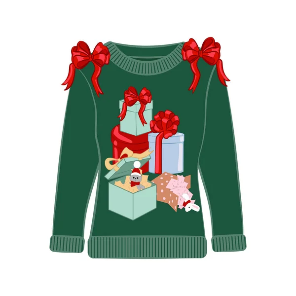 Hässlicher Weihnachtspullover Mit Geschenkaufdruck Lustige Urlaubskleidung Mit Ornamenten Hässliche Sweater — Stockvektor