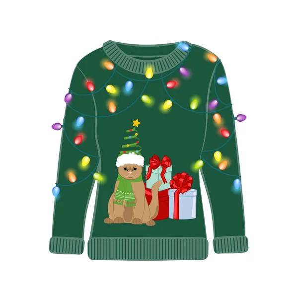Hässlicher Weihnachtsparty Pullover Mit Lustigem Katzenprint Lustige Urlaubskleidung Mit Niedlichem — Stockvektor