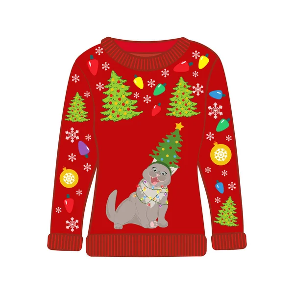 Ugly Christmas Party Sweater Funny Cat Print Funny Holiday Clothes — Stock Vector