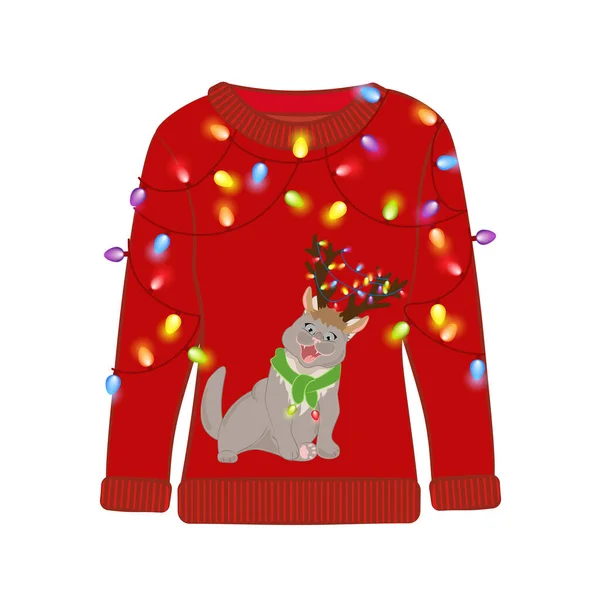 Ugly Christmas Party Sweater Funny Cat Print Funny Holiday Clothes — Stock Vector