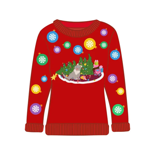 Ugly Christmas Party Sweater Funny Cat Print Funny Holiday Clothes — Stock Vector