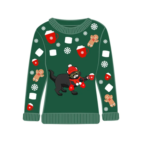 Suéter Fiesta Navidad Feo Con Estampado Gato Divertido Ropa Divertida Vectores de stock libres de derechos
