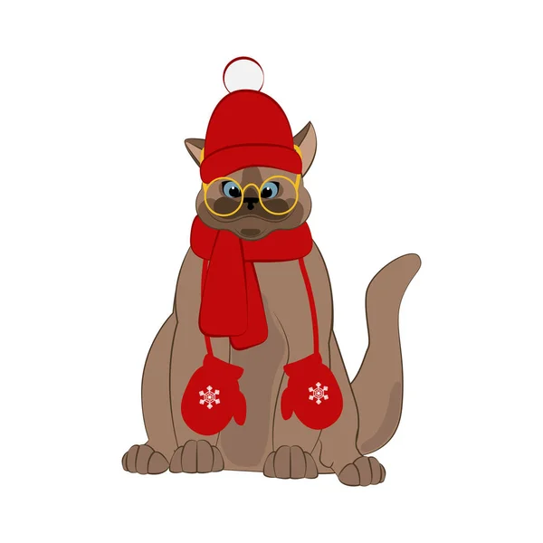 Macska Karácsonyi Ünnepi Kalapban Sálban Boldog Karácsonyt Boldog Évet Üdvözlőlapot — Stock Vector
