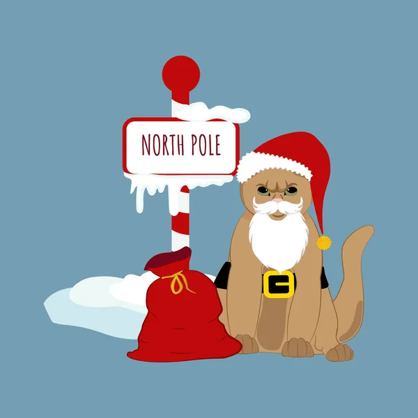 Chat Santa Claus Chapeau Sac Joyeux Noël Bonne Année Carte — Image vectorielle