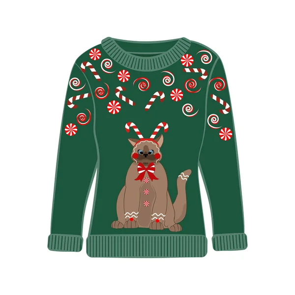 Ugly Christmas Party Sweater Funny Cat Print Funny Holiday Clothes — Stock Vector