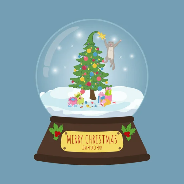 Joyeux Noël Boule Neige Verre Avec Chat Joyeux Noël Bonne — Image vectorielle
