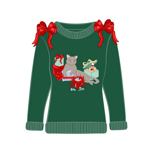 Ošklivý Vánoční Svetr Legračním Kočičím Potiskem Vtipné Sváteční Oblečení Roztomilým — Stockový vektor