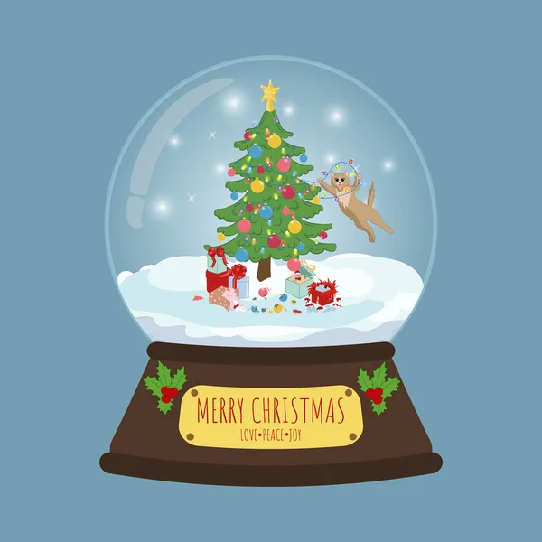 Joyeux Noël Boule Neige Verre Avec Chat Joyeux Noël Bonne — Image vectorielle