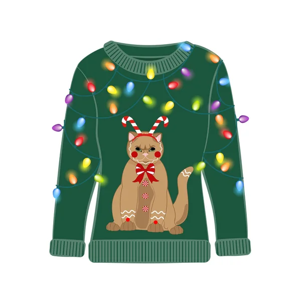 Ugly Christmas Party Sweater Funny Cat Print Funny Holiday Clothes — Stock Vector