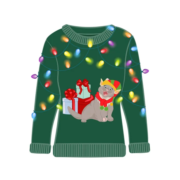 Suéter Fiesta Navidad Feo Con Estampado Gato Divertido Ropa Divertida Ilustración de stock