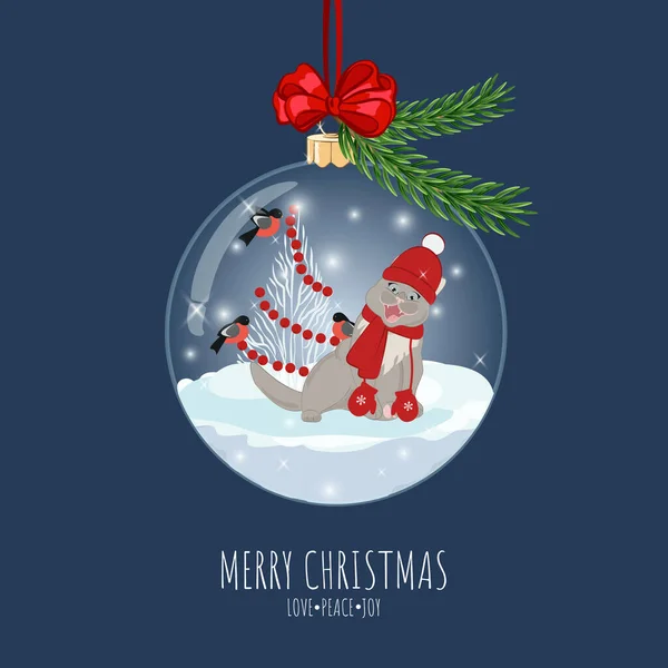 Vánoční Stromeček Skleněná Ozdoba Kočkou Veselé Vánoce Šťastný Nový Rok — Stockový vektor