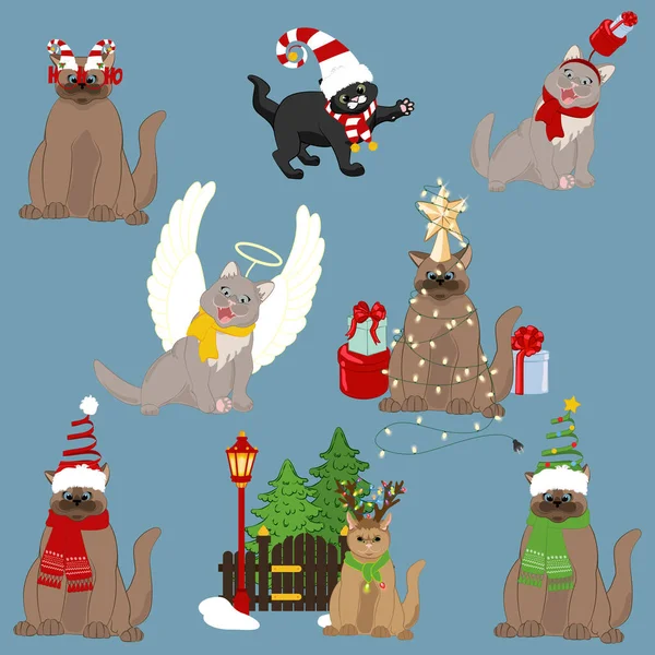 Chats Chapeaux Costumes Noël Joyeux Noël Bonne Année Carte Voeux — Image vectorielle