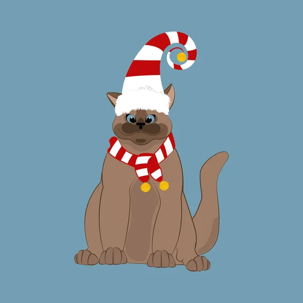 Gato Sombrero Bufanda Navideña Feliz Navidad Feliz Año Nuevo Tarjeta — Vector de stock