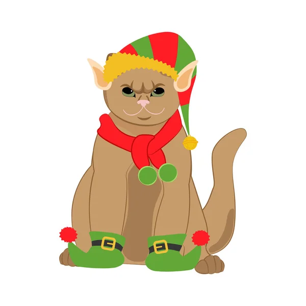 Kot Bożonarodzeniowym Kapeluszu Szalikiem Wesołych Świąt Szczęśliwego Nowego Roku Kartka — Wektor stockowy