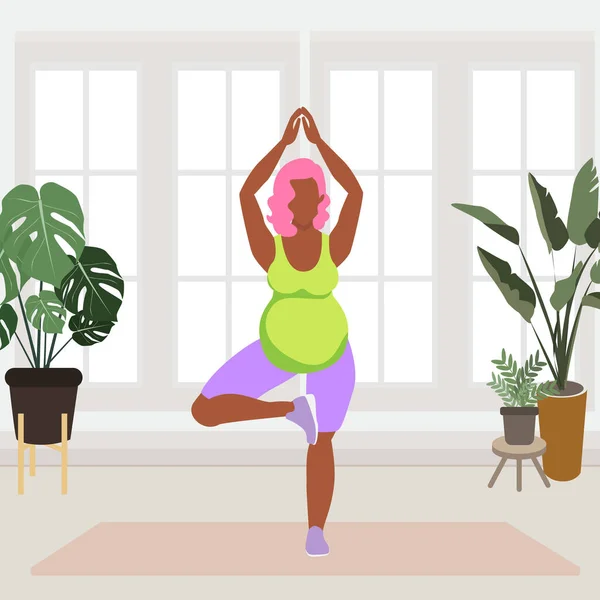 Pregnant Woman Doing Yoga Tree Pose Asana Yoga Vrikshasana Posture — Διανυσματικό Αρχείο