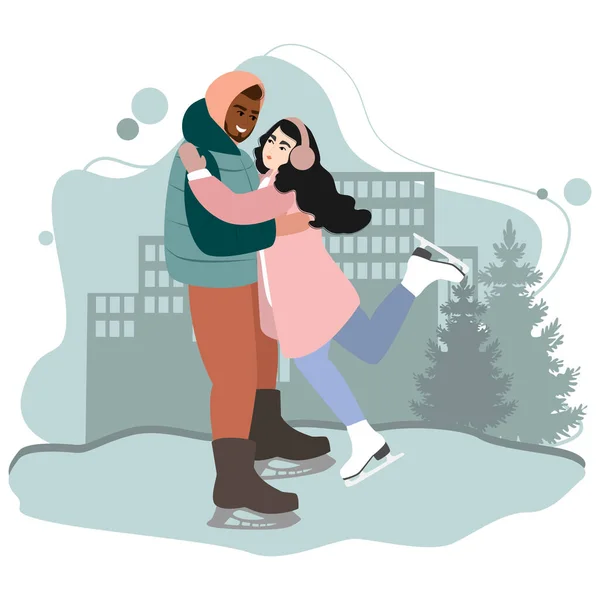 Couple Ice Skating City Rink Romantic Winter Activity Cute Young — Stock Vector