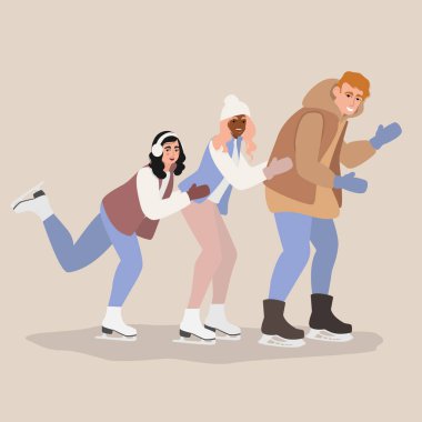People ice skating vector illustration. Young Man and Women Skating on Ice rink. Winter Fun Sport Activities Vector Illustration