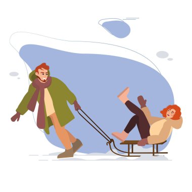 People sliding on sleds on winter holidays. Winter leisure activity. Outdoor wintertime fun. Flat vector illustration