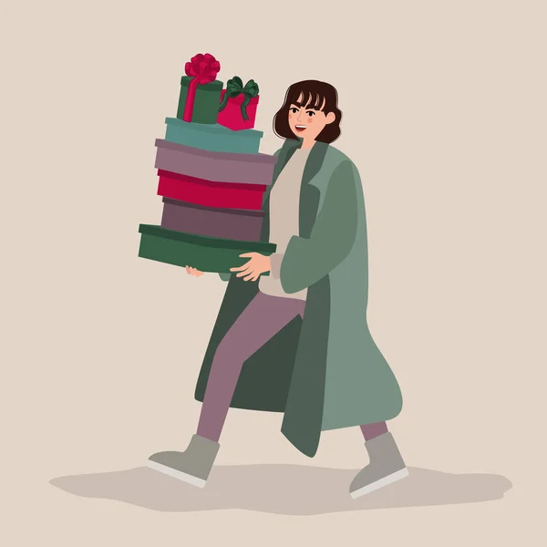Happy Woman Christmas Gifts Woman Holding Carrying Wrapped New Year — Vetor de Stock