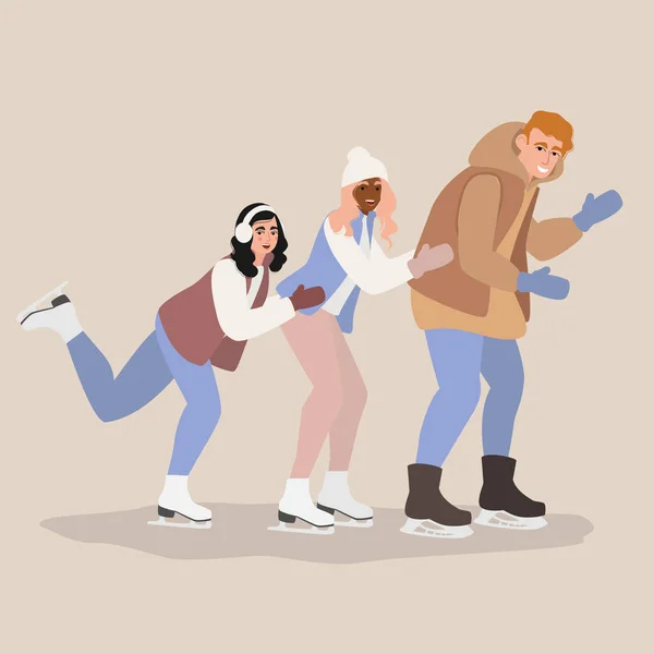 People Ice Skating Vector Illustration Young Man Women Skating Ice — Archivo Imágenes Vectoriales