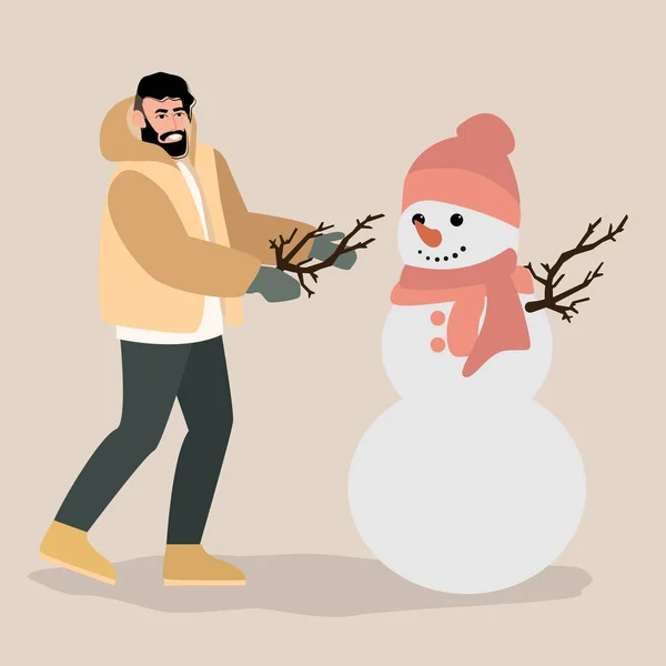 Young Man Having Fun Making Snowman Wintertime Activities Vector Illustration Ilustraciones de stock libres de derechos
