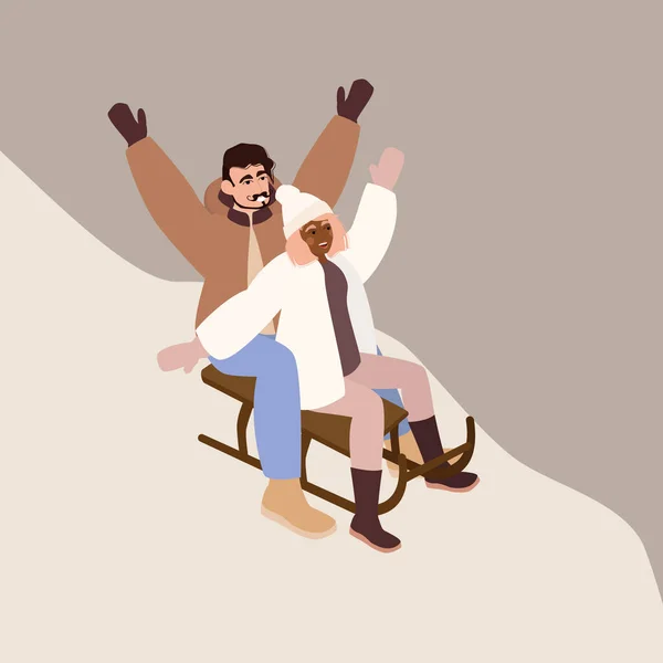 Man Woman Riding Sled Slope Covered Snow Cold Snowy Weather — Vector de stoc