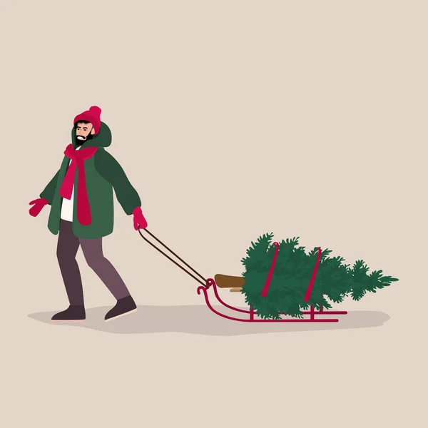 Man Carrying Big Xmas Pine Tree Holiday Season Ornament Decoration — Image vectorielle