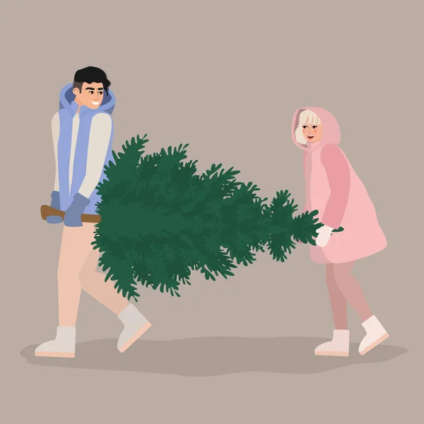 People Carrying Big Xmas Pine Tree Together Holiday Season Ornament — Vetor de Stock
