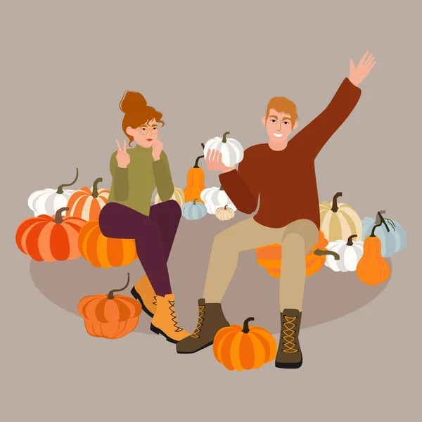 Joyeux Couple Cueillant Des Citrouilles Jardin Automne Homme Femme Récoltant — Image vectorielle