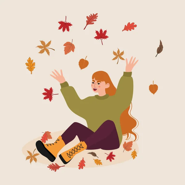 Young Woman Outdoor Autumn Fall Thanksgiving Halloween Cartoon Vector Illustration — Stock Vector