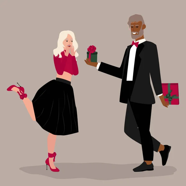 Couple Presenting Gifts Each Other Holiday Happy Man Woman Exchanging — Stock vektor