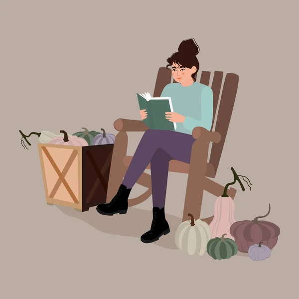 Uma Mulher Ler Livros Mulher Com Literatura Mãos Sentadas Poltrona — Vetor de Stock