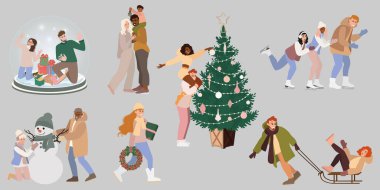 İnsanlar Noel tatili hazırlıyor Noel için hediyeler hazırlıyor, Noel ağacını süslüyor. İnsanlar kış aktiviteleri, kayak, kayak, kardan adam yapmak, dağ yamacında kayak yapmak. Buz pateni pistindeki çift.