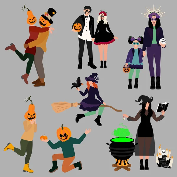 People Spooky Outfits Cartoon Characters Celebrating Day Dead Holiday People — Stock Vector