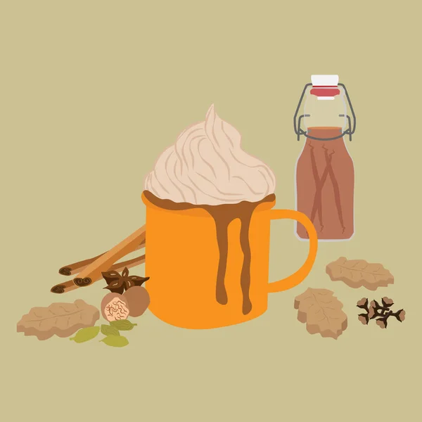 Bebida Café Otoño Con Leche Especias Calabaza Con Crema Batida — Vector de stock